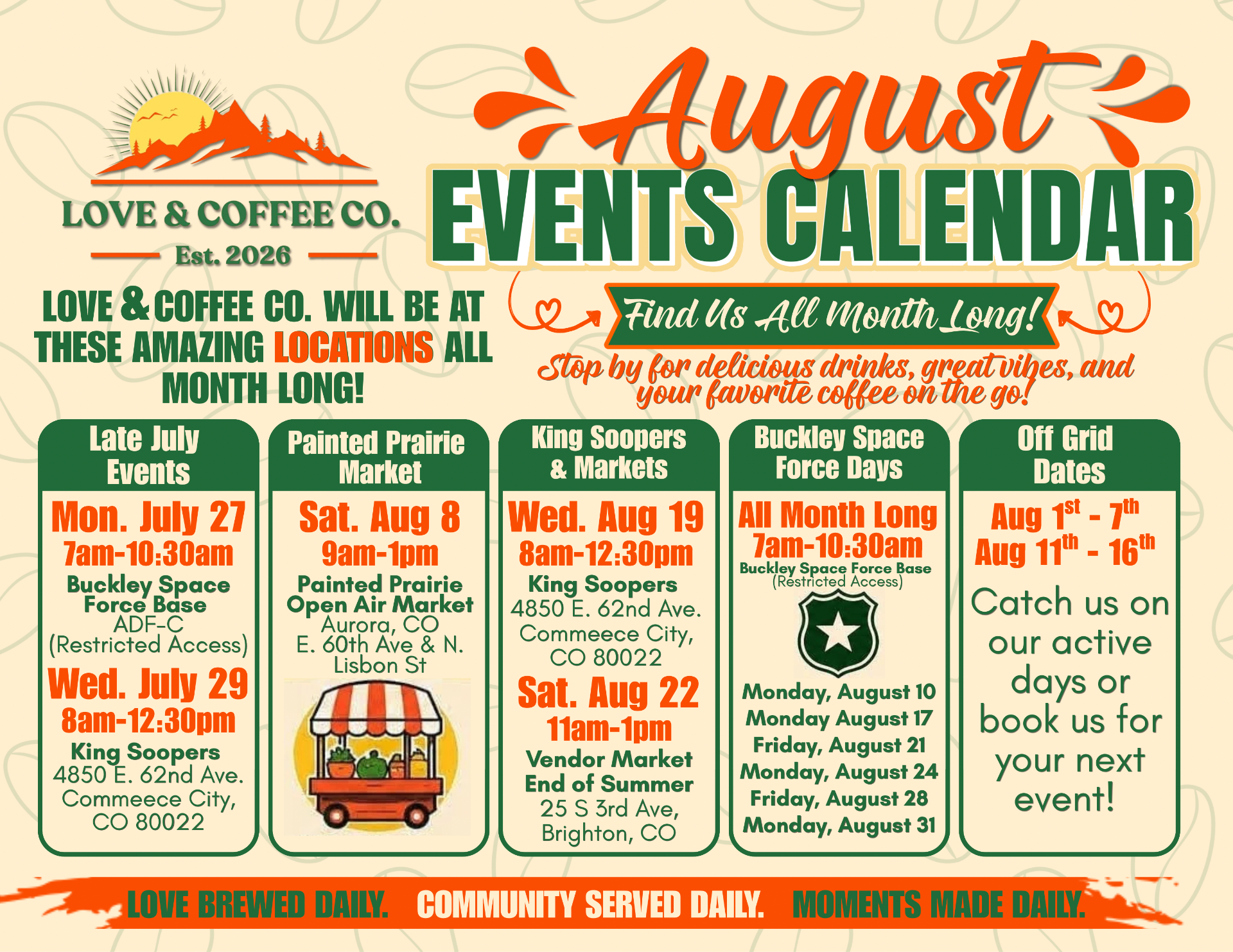 Love & Coffee Co. August events calendar flyer listing locations, dates, and times