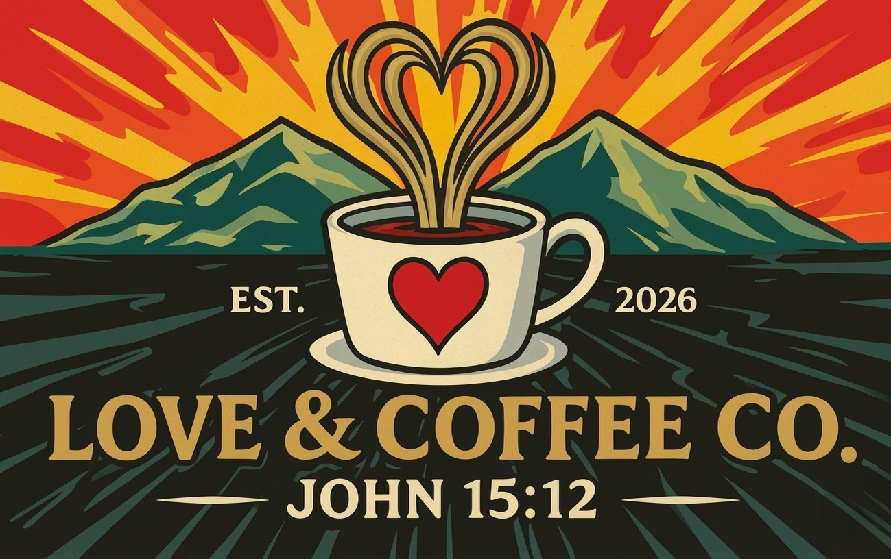 Love & Coffee Co. brand artwork featuring a steaming heart-shaped design, mountains, Established 2026, and John 15:12.