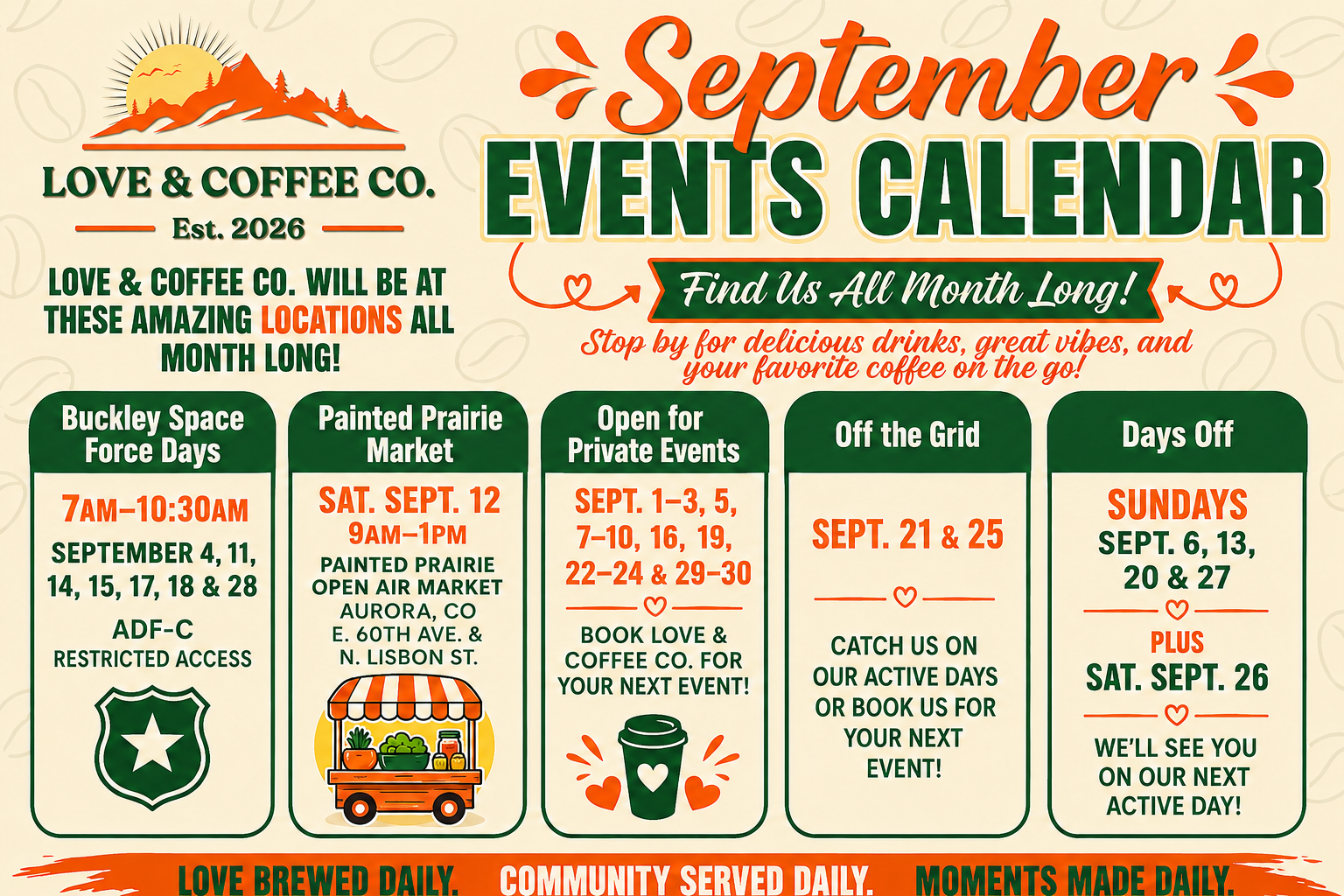 Love & Coffee Co. September 2026 events calendar showing Buckley Space Force Base dates, Painted Prairie Market, private-event availability, off-the-grid dates, and days off.